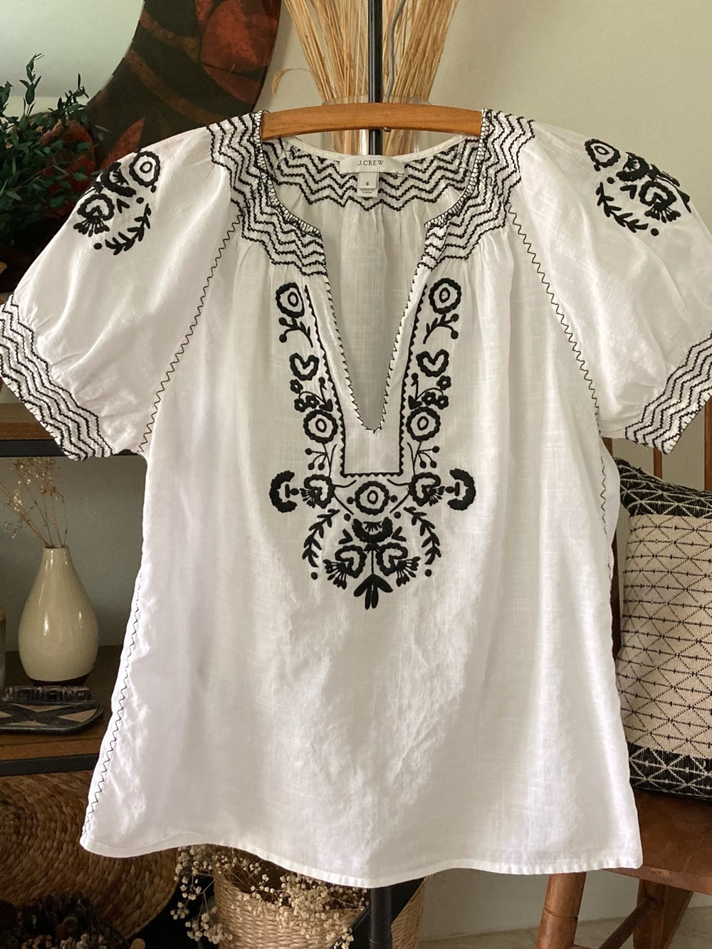 J. Crew Cotton White Tunic with Black Embroidery